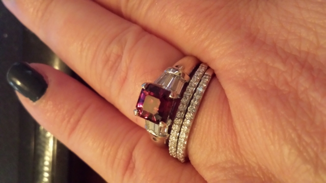 2.21CT Red Malaya Asscher Garnet ring in Platinum w/baguette Show Me ...