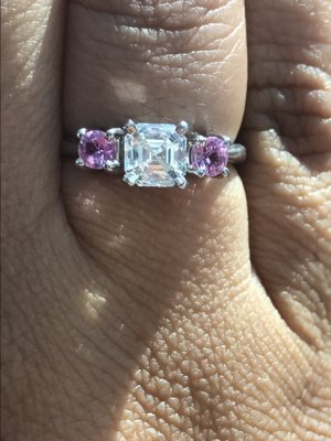 Asscher Cut and pink sapphire 3 stone 