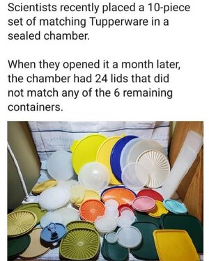 Scientists recently placed a 10-piece set of matching Tupperware in a sealed chamber. When they opened it a month later, the chamber had 24 lids that did not match any of the 6 remaining containers.