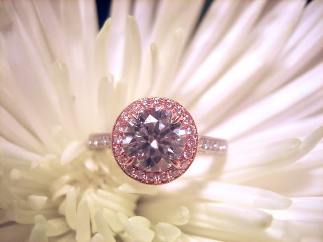 Halo Diamond Engagement Ring in Rose Gold and Platinum