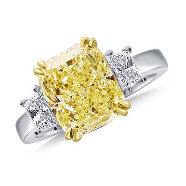 Fancy Yellow Cushion Cut Diamond Three Stone Ring in 18K White Gold at B2C Jewels