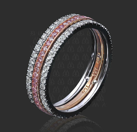 Three-strand 'Marina' band with pink and white diamonds by Leon Megé