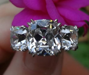 Cushioncutbride's 3 Stone Antique Engagement Ring:  5 Plus CTW Cushion Diamonds (Top View) - image by Cushioncutbride