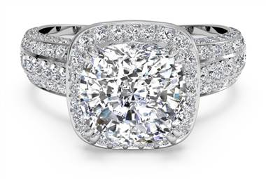 Masterwork cushion halo triple diamond band engagement ring at Ritani