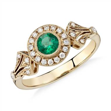 Emerald and diamond vintage-inspired milgrain ring at Blue Nile 