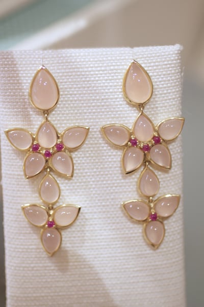 Elizabeth Showers Mariposa chandelier earrings with rose quartz over mother-of-pearl