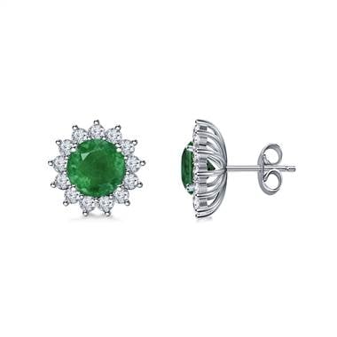 Diamond and emerald starburst halo stud earrings set in 14K white gold at B2C Jewels