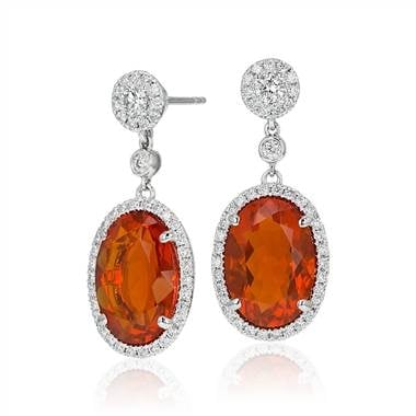 Fire opal and diamond drop earrings set in 18K white gold at Blue Nile  