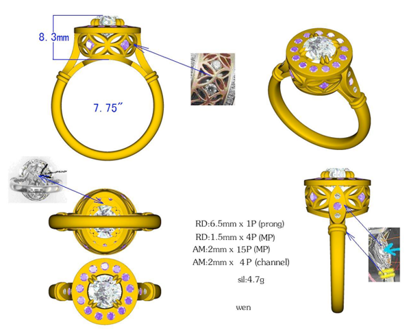 Initial CAD Rendering for Diamond and Purple Sapphire Ring