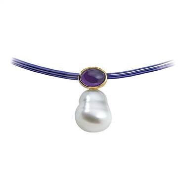 South Sea cultured circle pearl and genuine amethyst pendant set in 14K yellow gold at B2C Jewels  