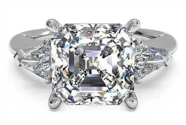 Three-stone diamond engagement ring with bullet side-diamonds set in platinum at Ritani