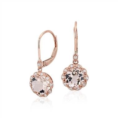 Morganite and diamond milgrain halo leverback drop earrings set in 14K rose gold at Blue Nile 