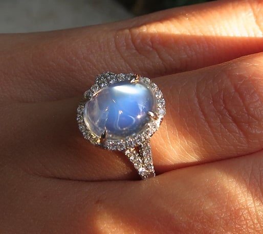 Moonstone Diamond Halo Engagement Ring- 18k Round Moonstone Floral Promise  Ring- Split Shank Moonstone Ring- Rose Yellow White Gold