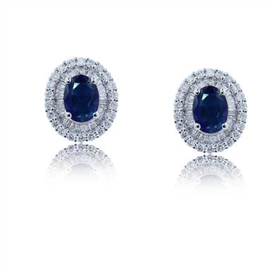Double halo oval shaped sapphires and diamond earrings set in 18K white gold