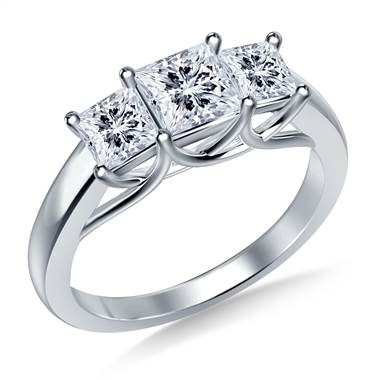 Three stone trellis diamond engagement ring set in 18K white gold at B2C Jewels  