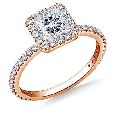 Princess cut diamond halo engagement ring set in 14K rose gold at B2C Jewels 