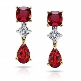 Pear and cushion cut diamond and ruby earrings set in 18K white gold at I.D. Jewelry 