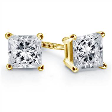 Prong set princess diamond stud earrings in 14K yellow gold at B2C Jewels  