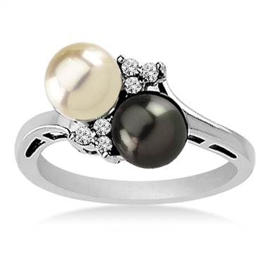 14K White Gold Akoya Cultured Pearl Ring With Diamonds