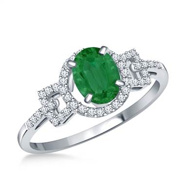 Art Deco Emerald Gemstone and Diamond Halo Ring in 14K White Gold (7x5mm)