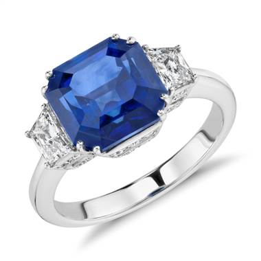 Blue Sapphire and Diamond Three-Stone Ring in 18k White  Gold (5.52 ct.) (9x7mm)