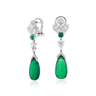 Cabachon Emerald and Diamond Teardrop Earrings in 18k White Gold (14x7mm)