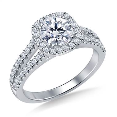 Cathedral Split Shank Floating Cushion Shaped Halo Diamond Engagement ...