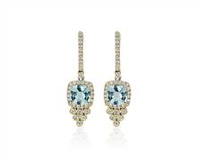 Cushion Cut Aquamarine and Diamond Drop Earrings In 14k Yellow Gold | Blue Nile