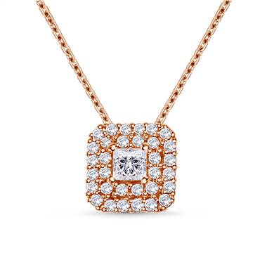 Double Halo Princess Cut Diamond Pendant in 14K Rose Gold (5/8 cttw)