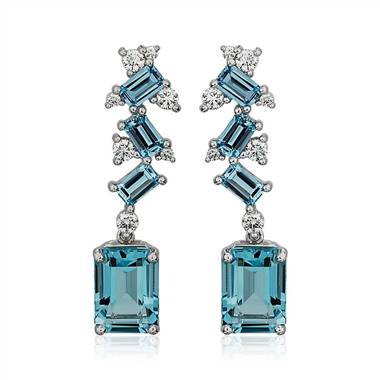 Emerald-Cut Aquamarine and Diamond Drop Earrings in 18k White Gold