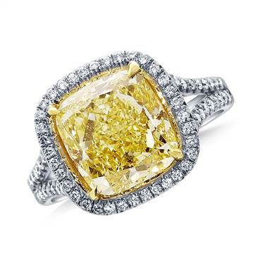 Fancy Yellow Cushion Cut Diamond Split Shank Halo Ring in Platinum