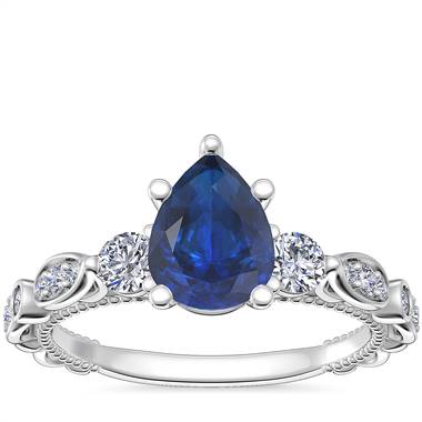 Floral Ellipse Diamond Cathedral Engagement Ring with Pear-Shaped Sapphire in 18k White Gold (8x6mm)