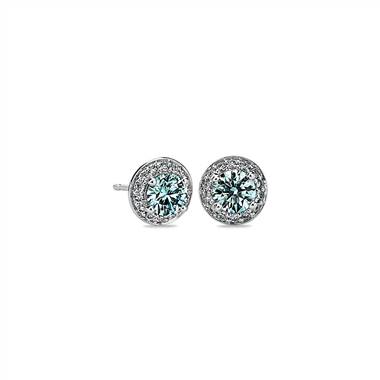 LIGHTBOX Lab-Grown Blue Diamond Round Halo Earrings in 14k White Gold (1 ct. tw.)