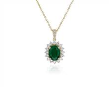 Oval Emerald and Diamond Sunburst Halo Pendant Necklace In 14k Yellow Gold (9X7mm) | Blue Nile