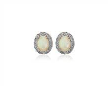 Oval Opal Earrings With Blue Topaz and White Sapphire Halo In 14k Rose Gold | Blue Nile