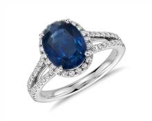 Oval Sapphire and Diamond Halo Split Shank Ring In 18k White Gold (9X7mm) | Blue Nile