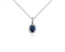 Oval Sapphire and Diamond Micropave Pendant Necklace In 14k White Gold (7X5mm) | Blue Nile