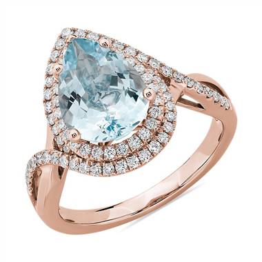 Pear Cut Aquamarine Ring with Double Diamond Halo in 14k Rose Gold