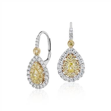 Pear-Shaped Yellow Diamond Double Halo Drop Earrings in 18k White and Yellow Gold (1.25 ct. tw.)