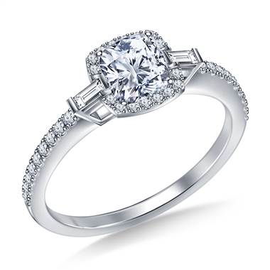 Petite Cushion Halo Side Fancy Cut Diamond Engagement Ring in Platinum