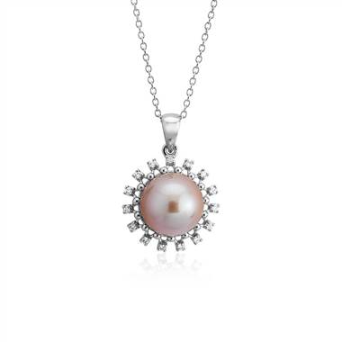 Pink Freshwater Cultured Pearl and Diamond Halo Pendant in 14k White Gold (9-9.5mm)