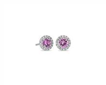 Pink Sapphire and Micropave Diamond Stud Earrings In 18k White Gold (5mm) | Blue Nile