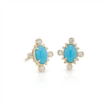 Sunburst Turquoise and White Sapphire Earrings in 14k Yellow Gold (7x5 mm)