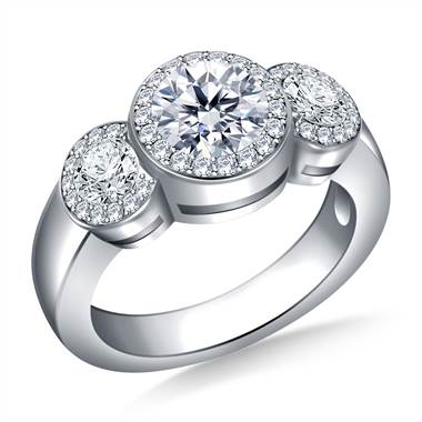 Three Stone Halo Diamond Engagement Ring in Platinum