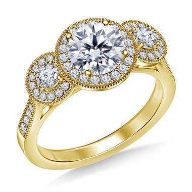 Three Stone Vintage Halo Diamond Engagement Ring in 18K Yellow Gold