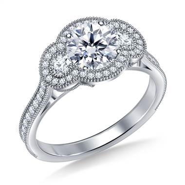 Three Stone Vintage Halo Diamond Engagement Ring in Platinum