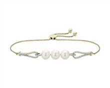 White Freshwater Pearl Bolo Bracelet With Diamond Detail In 14k Yellow Gold | Blue Nile