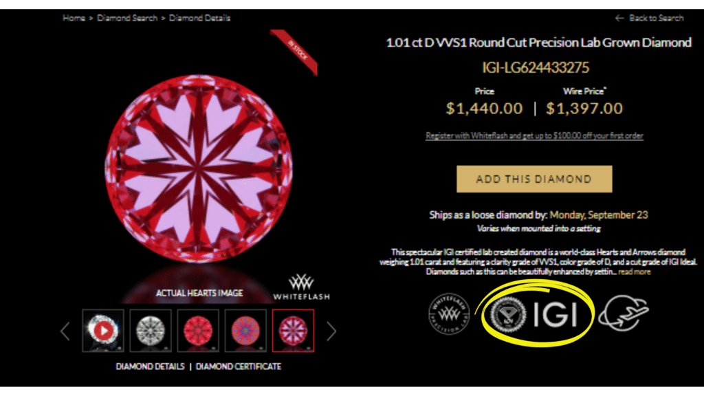 Heart Lab-Grown Diamond showing IGI Grading