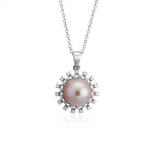 Pink freshwater cultured pearl and diamond halo pendant set in 14K white gold at Blue Nile 
