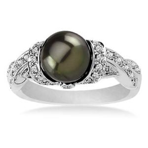 Elegant freshwater cultured black pearl ring with diamonds set in 14K white gold at B2C Jewels 